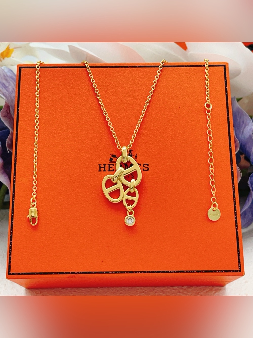 Hermes Gold Chaine d'Ancre Pendant Necklace with Crystal Drop